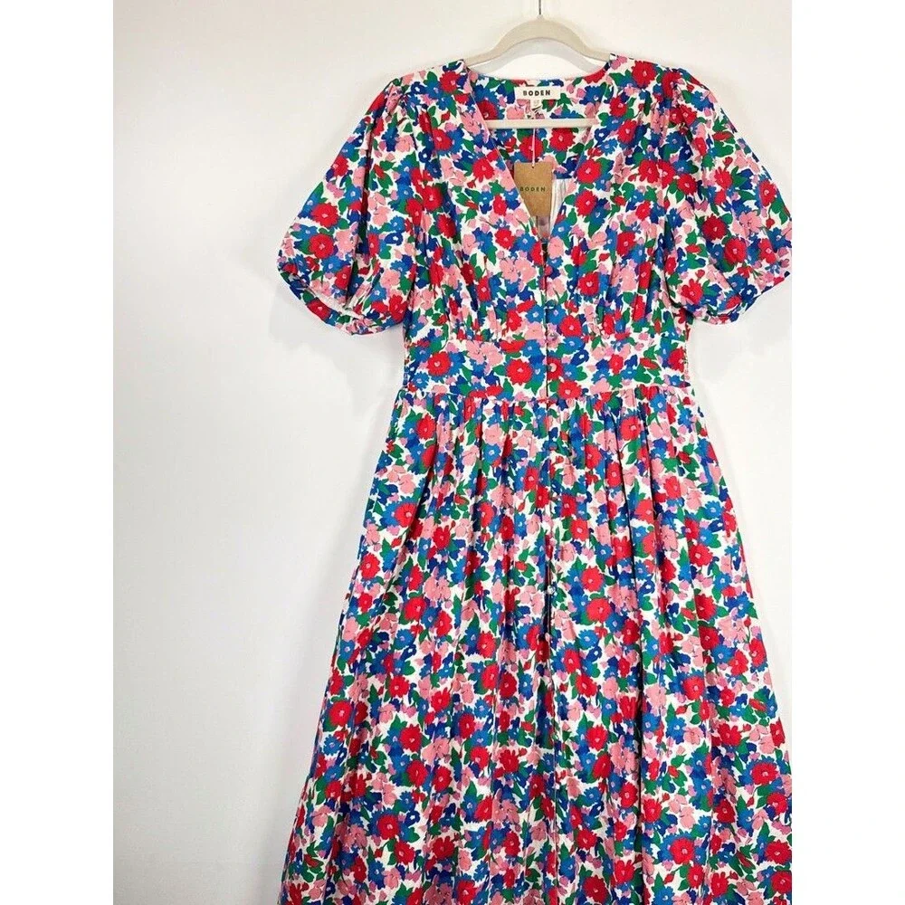NEW Boden Midi Dress Pink Lillian Cotton Floral V Neck Puff Sleeve Boho US 10